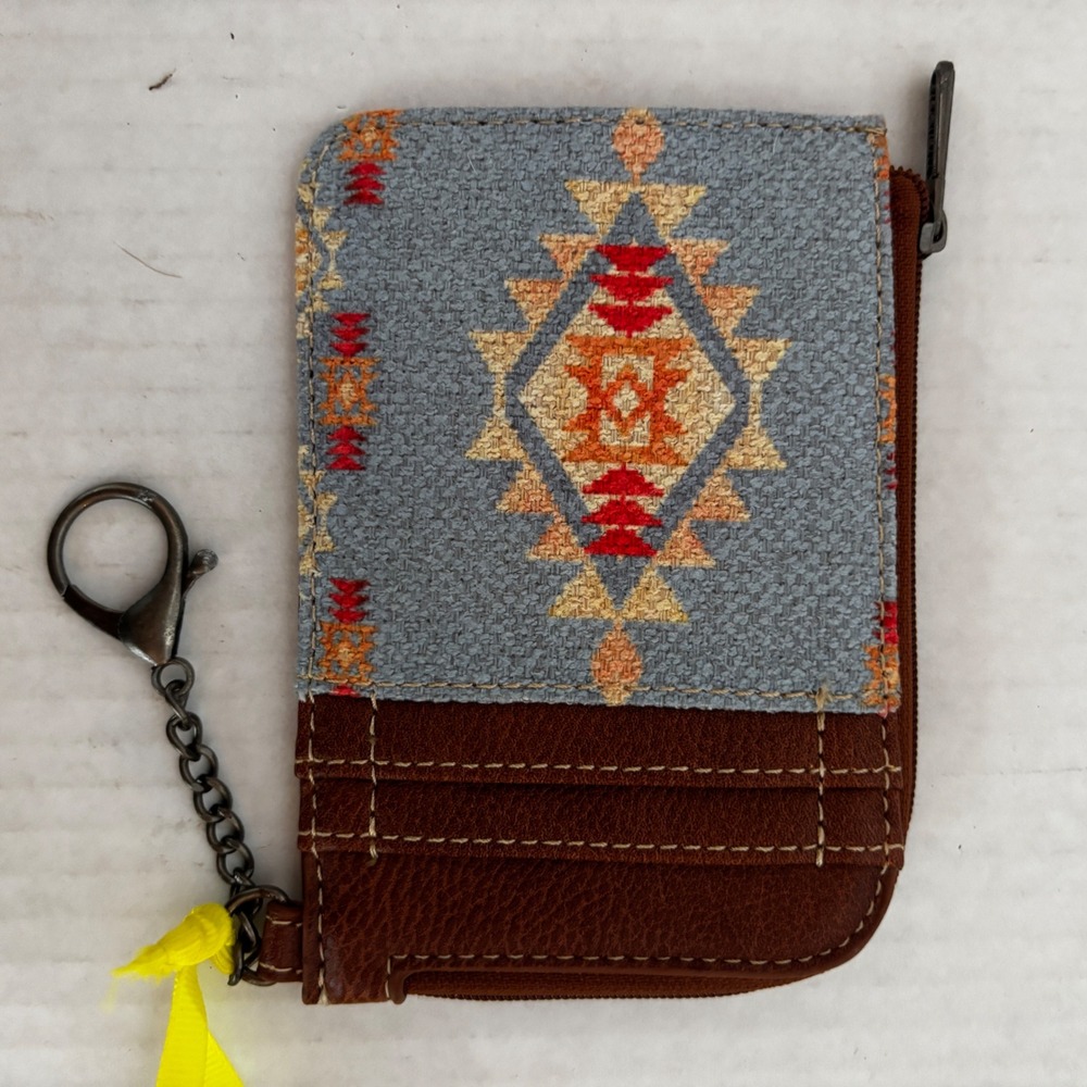 Wrangler Card Holder Wallet Women Brown Blue Aztec Southwestern Keychain NEW
